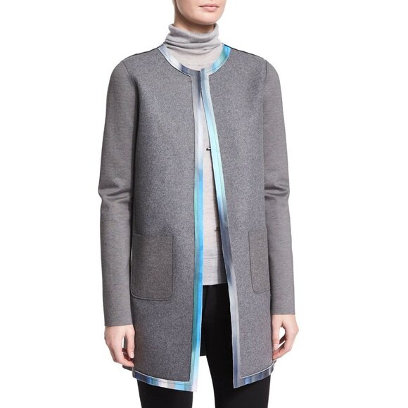 Elie Tahari Melody Reversible Wool Blend Jacket Crew Neckline Gray Blue Large - Picture 4 of 12
